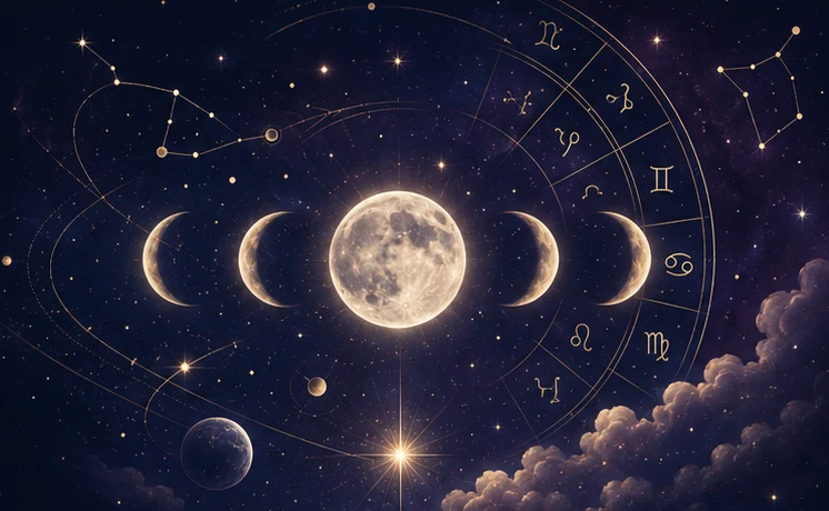 Vollmond mit Mondphasen-Zyklus und Tierkreisrad am Nachthimmel